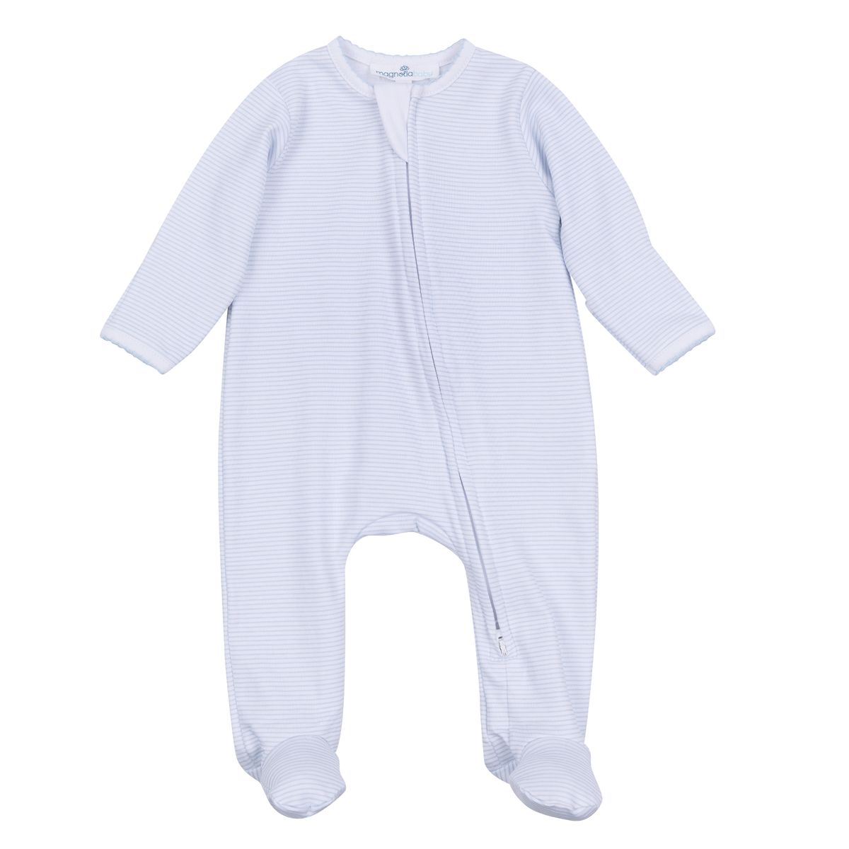 Light blue zip footie from Magnolia Baby with mini stripe pattern, featuring a front zipper and soft fabric for infants.