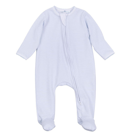 Light blue zip footie from Magnolia Baby with mini stripe pattern, featuring a front zipper and soft fabric for infants.
