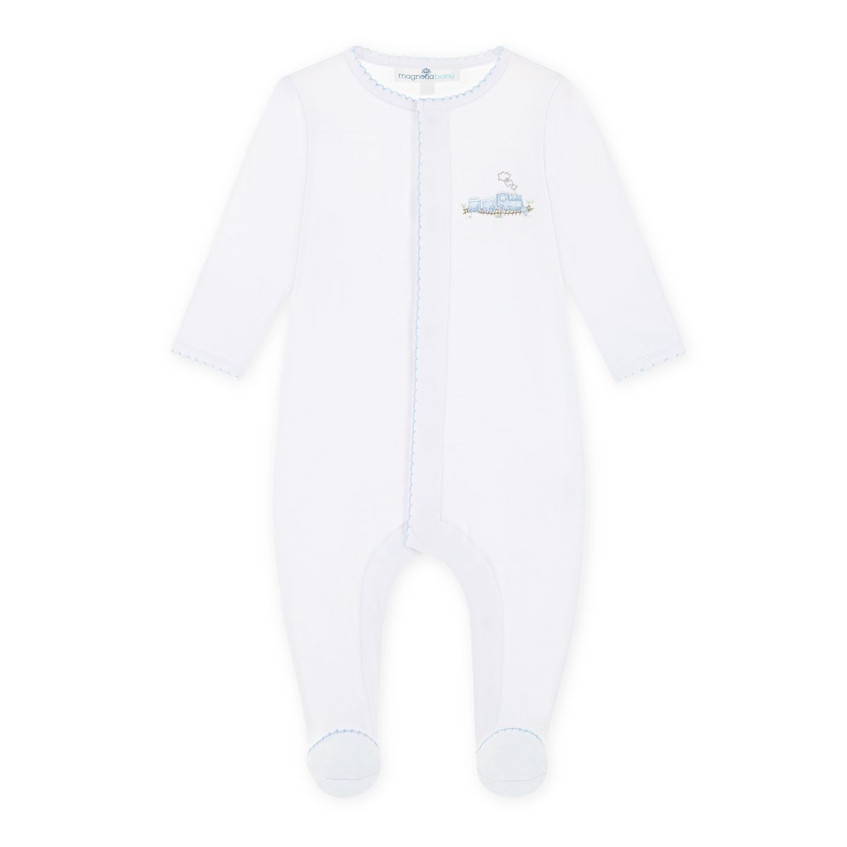 Light blue Magnolia Baby Choo Choo Train footed sleeper for infants, featuring train-themed design and soft fabric.