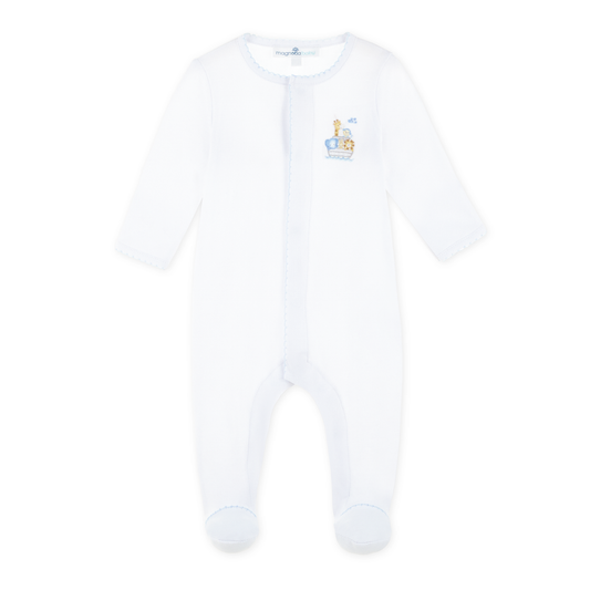 Magnolia Baby Noah's Ark light blue footie with playful animal prints and soft fabric for infants' comfort.