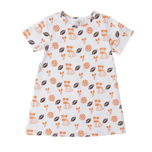 Orange Susie swing dress by Cypress Row featuring a varsity-inspired design and casual fit, shown on a model.