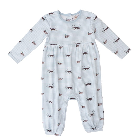 Boy's Cypress Row Field and Feather Parker playsuit with long sleeves, button front, and playful pattern, perfect for casual wear.