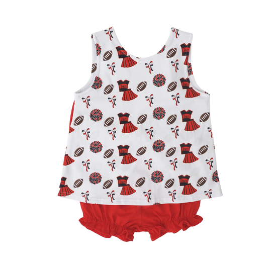 Cypress Row Varsity Red and Black Blaire Bow Back Set featuring a stylish crop top and matching skirt with bow detail.