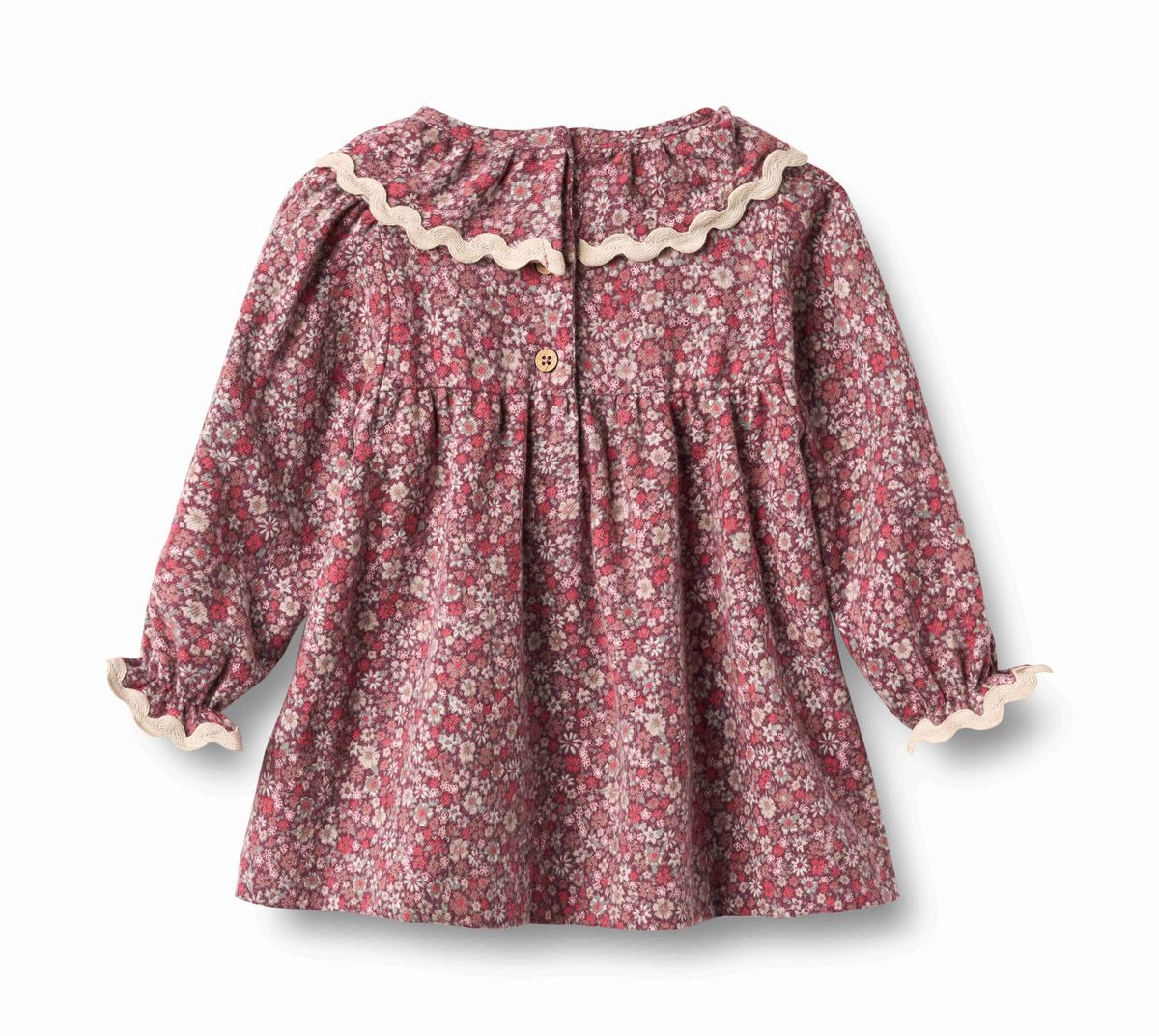 Wheat Grape Flowers Elvira long-sleeve collar dress with floral print and button-down front, shown on a model.