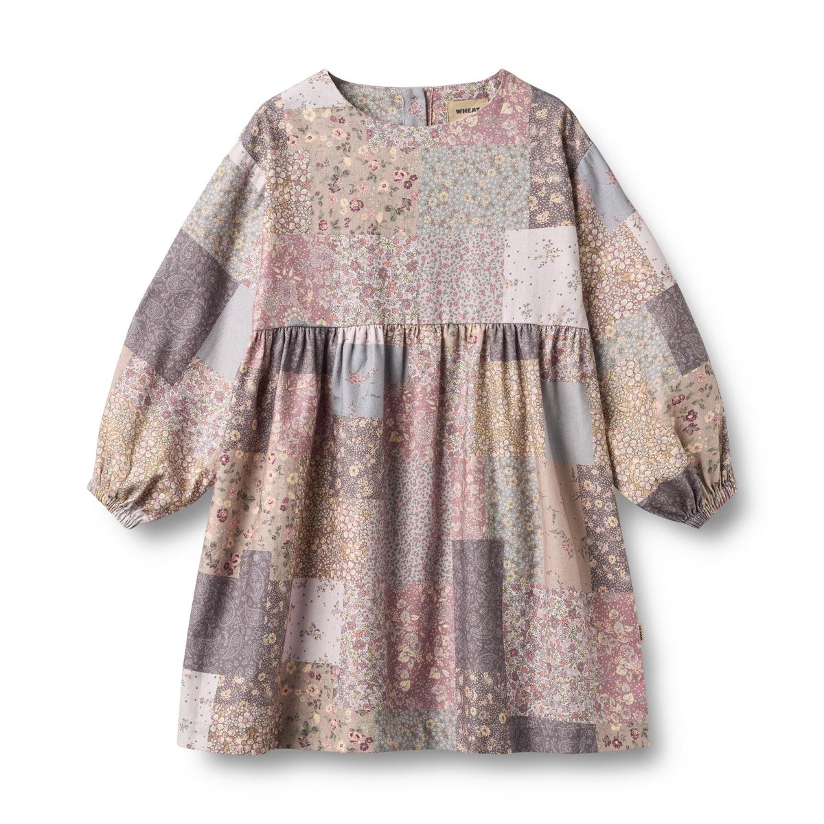 Wheat Patchwork Flowers Herdis long-sleeve dress featuring colorful floral patchwork design and a comfortable fit.