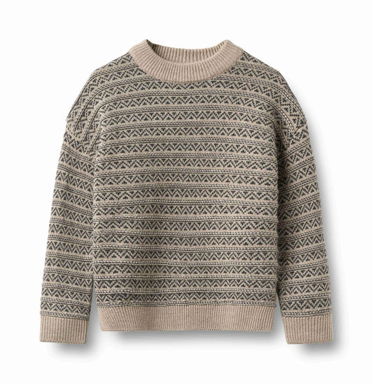 Wheat Warm Sand Melange Jens Jacquard Pullover featuring a textured knit pattern and a relaxed fit, displayed on a hanger.