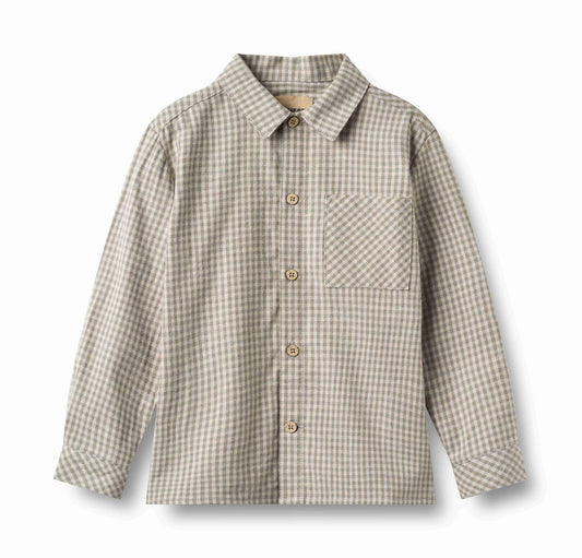 Grey-brown check Oscar long-sleeve shirt by Wheat, featuring a classic plaid pattern and button-up front.