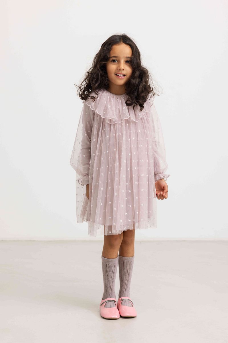 Cloud Gray Hearts Dera dress by MarMar Copenhagen, featuring a soft gray fabric with heart patterns and a comfortable, stylish fit.