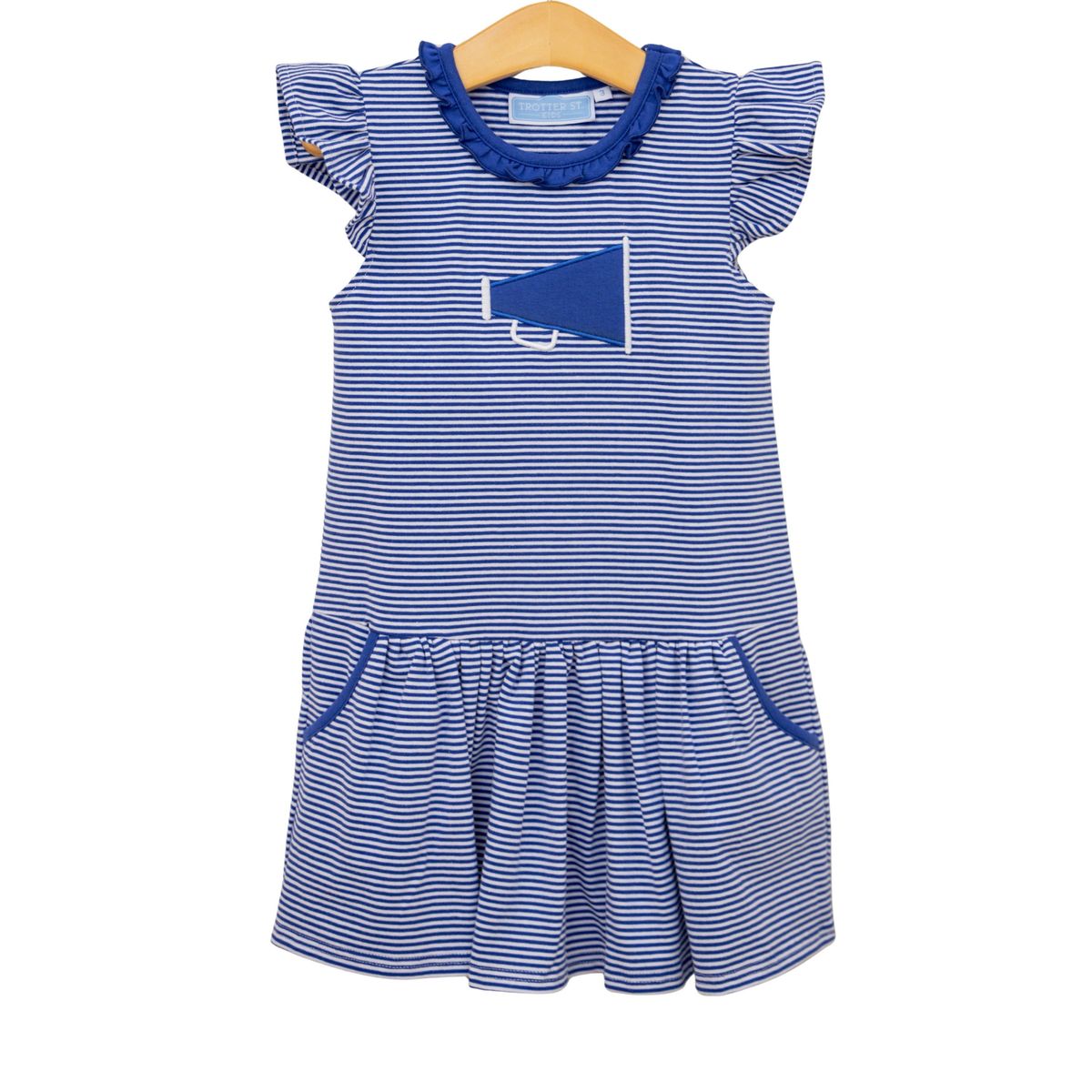 Royal blue and white stripe dress with megaphone applique by Trotter Street, featuring a stylish, casual design.
