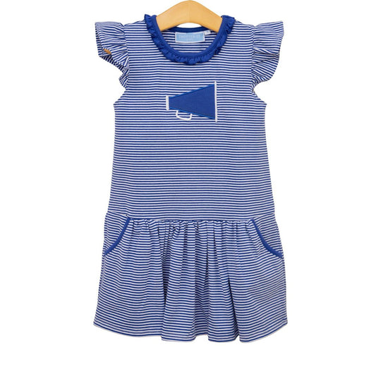 Royal blue and white stripe dress with megaphone applique by Trotter Street, featuring a stylish, casual design.