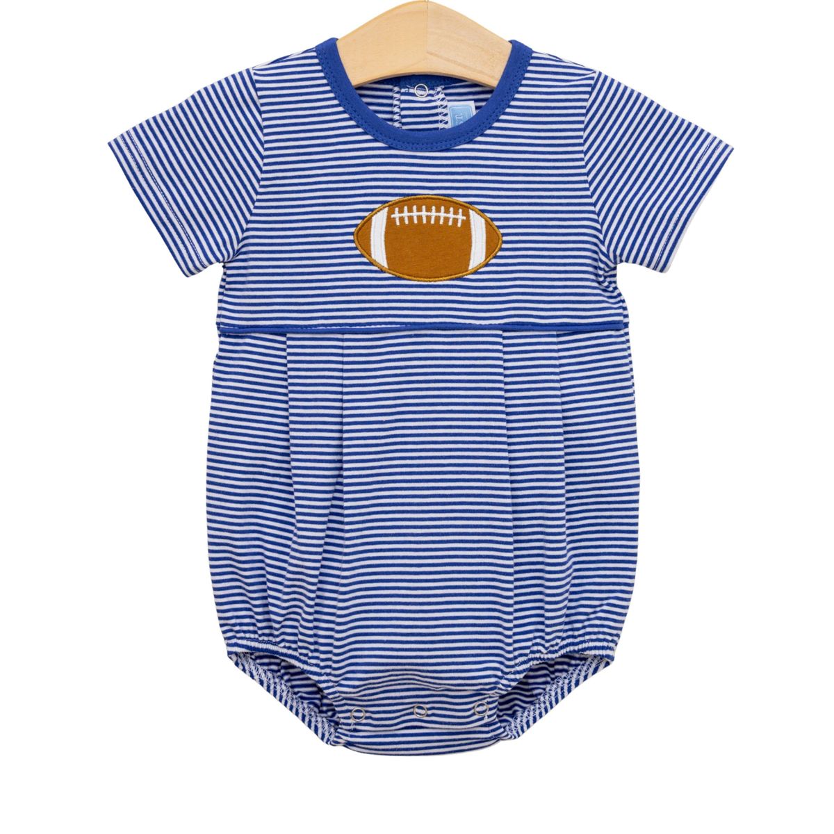 Royal blue and white striped football applique bubble dress for toddlers, featuring playful sports-themed design by Trotter Street.