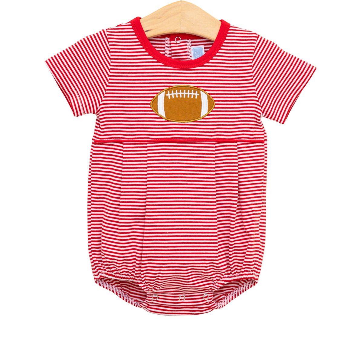 Red and white stripe football applique bubble dress for babies by Trotter Street, featuring playful football-themed design.