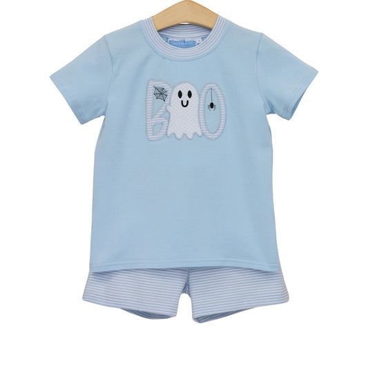 Blue Boo short set by Trotter Street featuring a casual top and matching shorts for comfortable summer wear.