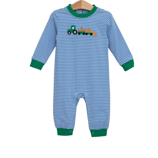 Trotter Street Tractor Trail romper for babies, featuring playful tractor print and soft fabric, perfect for comfortable casual wear.