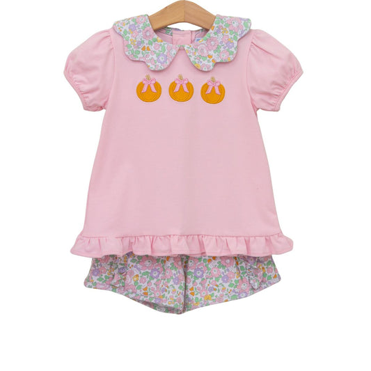 Trotter Street pumpkin floral short set featuring a sleeveless top and matching shorts with vibrant autumnal flower pattern.