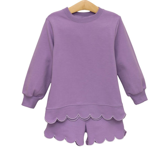 Lavender Sophia scalloped set by Trotter Street, featuring a coordinated top and bottom with delicate scalloped edges, on a plain background.