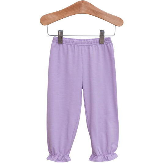Lavender ruffle bloomer pants by Trotter Street, soft fabric with frilled leg openings, perfect for baby girls.