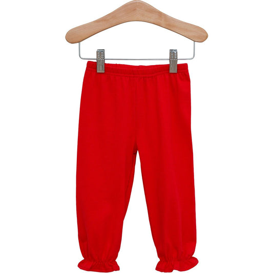 Red ruffle bloomer pants by Trotter Street featuring soft fabric and playful ruffle details for comfortable baby wear.