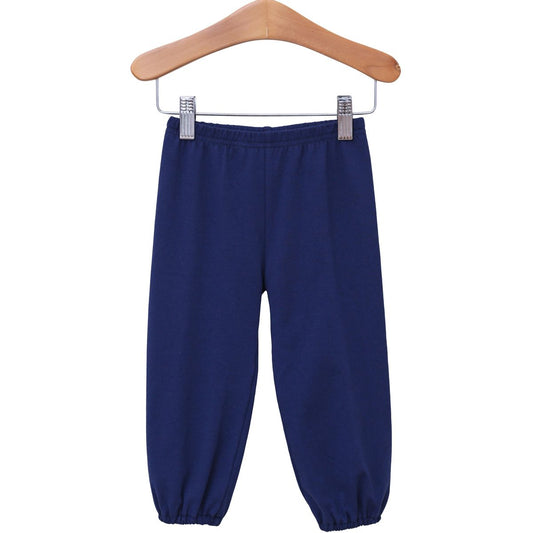 Navy Trotter Street bloomer pants for babies, soft cotton fabric with elastic waistband, comfortable and stylish toddler clothing