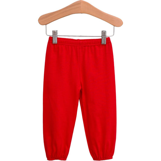 Red Bloomer Pants by Trotter Street, showing lightweight, comfortable fabric with a loose fit and elastic waistband.