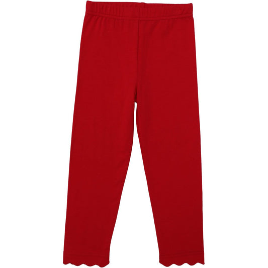 Red scalloped leggings from Trotter Street featuring a stylish scalloped hem and comfortable fit.