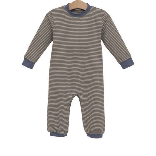 Beige stripe Miller romper with blue trim for babies, featuring short sleeves and comfortable fabric from Trotter Street.