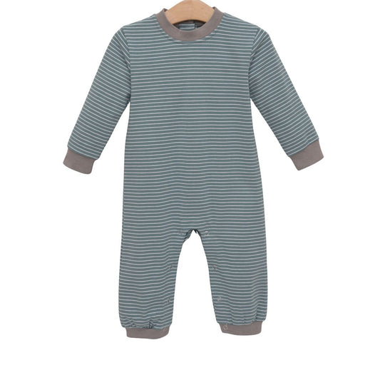 Sage and beige striped Miller romper by Trotter Street featuring a relaxed fit and beige trim, shown on a hanger.