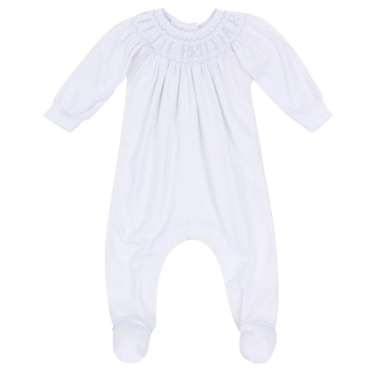 Light blue Magnolia Baby bishop footie for little brothers, featuring soft fabric and comfortable fit, perfect for infants.