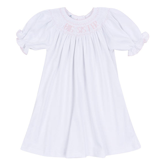 Pink Big Sister Bishop S/S toddler dress by Magnolia Baby, featuring short sleeves and a comfortable, stylish design for little girls.
