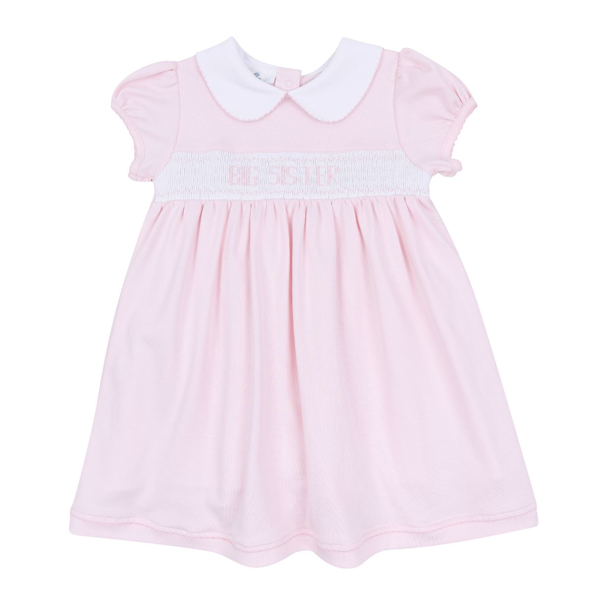 Pink Magnolia Baby big sister smocked short-sleeve toddler dress with ruffled details and delicate embroidery.