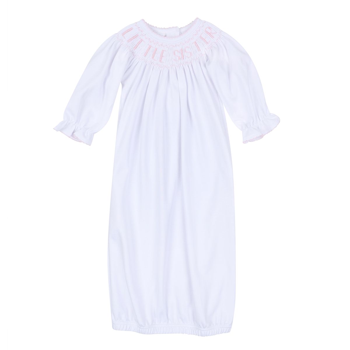 Pink Little Sister Bishop Gown by Magnolia Baby, soft fabric with delicate details, perfect for special occasions or photos.