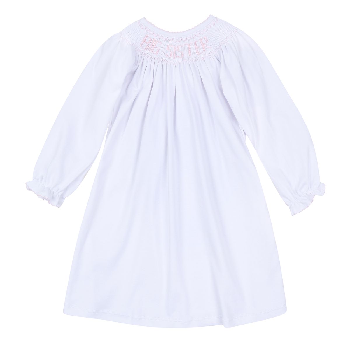 Pink Big Sister Bishop long-sleeve toddler dress by Magnolia Baby with ruffled collar and comfortable fit for young girls.