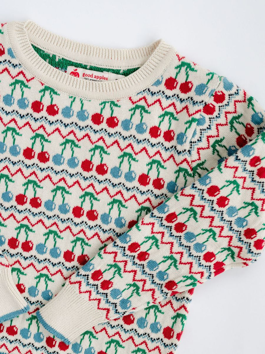 Good Apples Heritage Cherries Pullover in soft knit with cherry pattern, featuring a cozy crew neck and long sleeves.