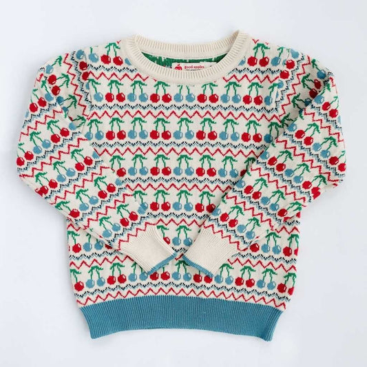 Good Apples Heritage Cherries Pullover in cozy knit fabric, featuring a cherry pattern and ribbed cuffs and hem.
