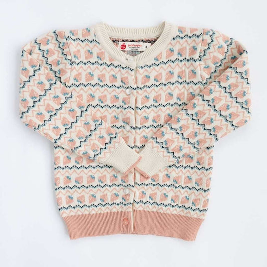 Vintage pink Heritage Strawberries cardigan by Good Apples, featuring embroidered strawberry patterns and a cozy knit design.