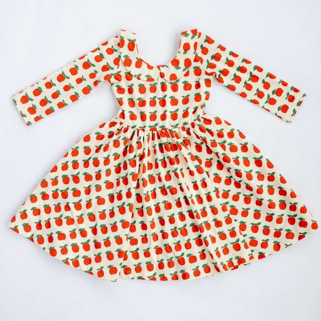 3/4 Sleeve Twirl Dress in Red Apples Collared