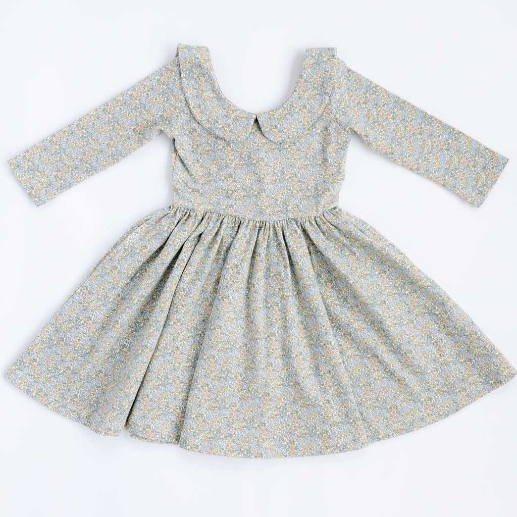 3/4 Sleeve Twirl Dress in Blue Watercolor Floral Collared