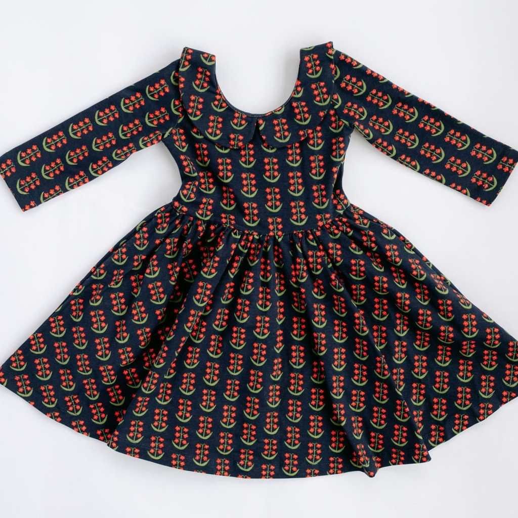 3/4 Sleeve Twirl Dress in Navy Floral Collared