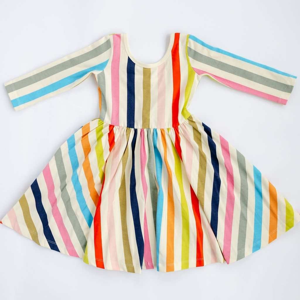 3/4 Sleeve Twirl Dress in Bright Stripes