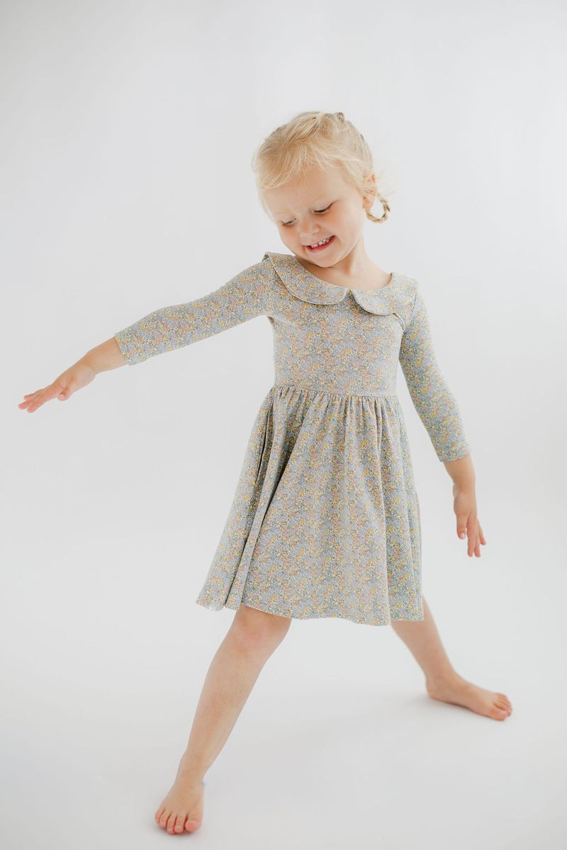 3/4 Sleeve Twirl Dress in Blue Watercolor Floral Collared