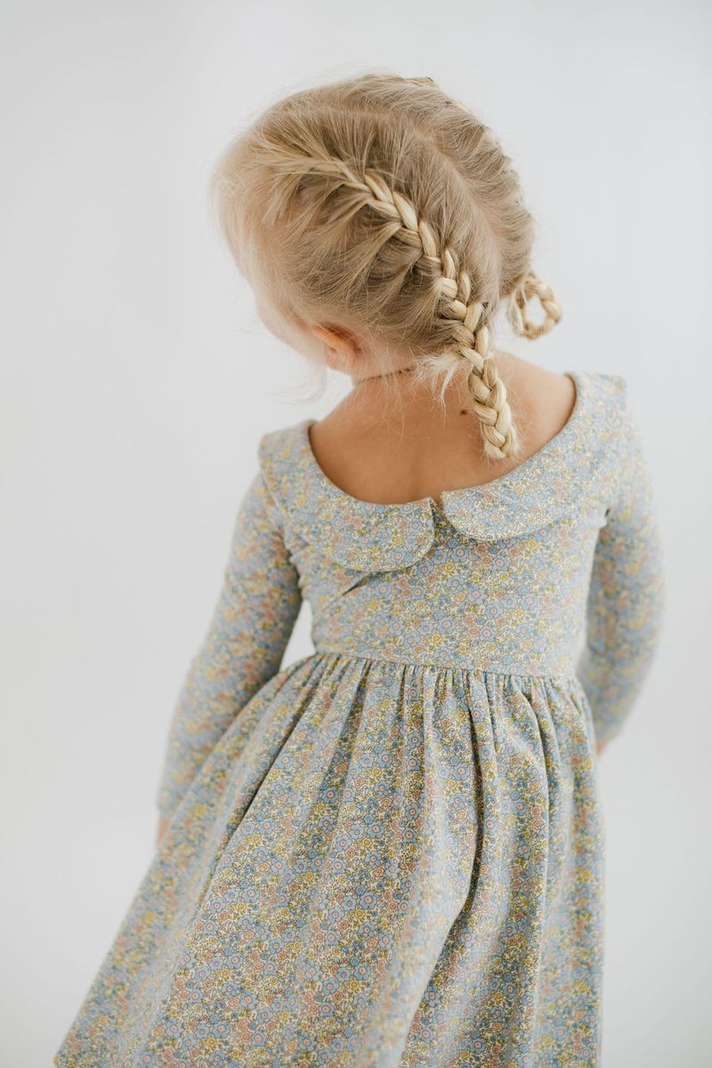3/4 Sleeve Twirl Dress in Blue Watercolor Floral Collared
