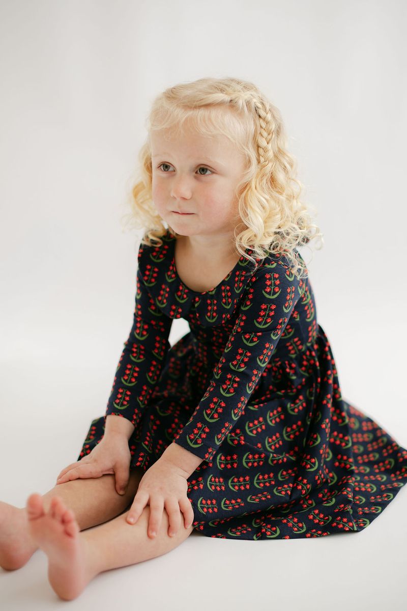 3/4 Sleeve Twirl Dress in Navy Floral Collared