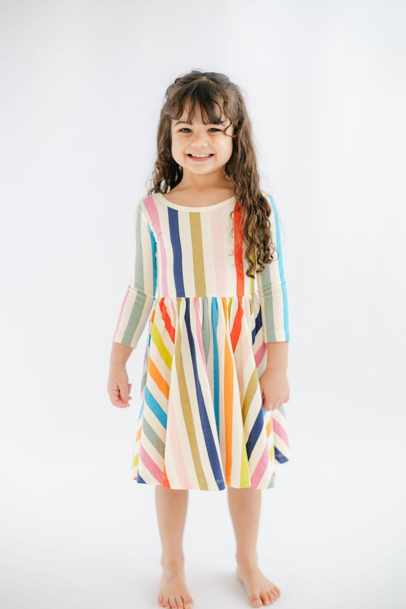 3/4 Sleeve Twirl Dress in Bright Stripes