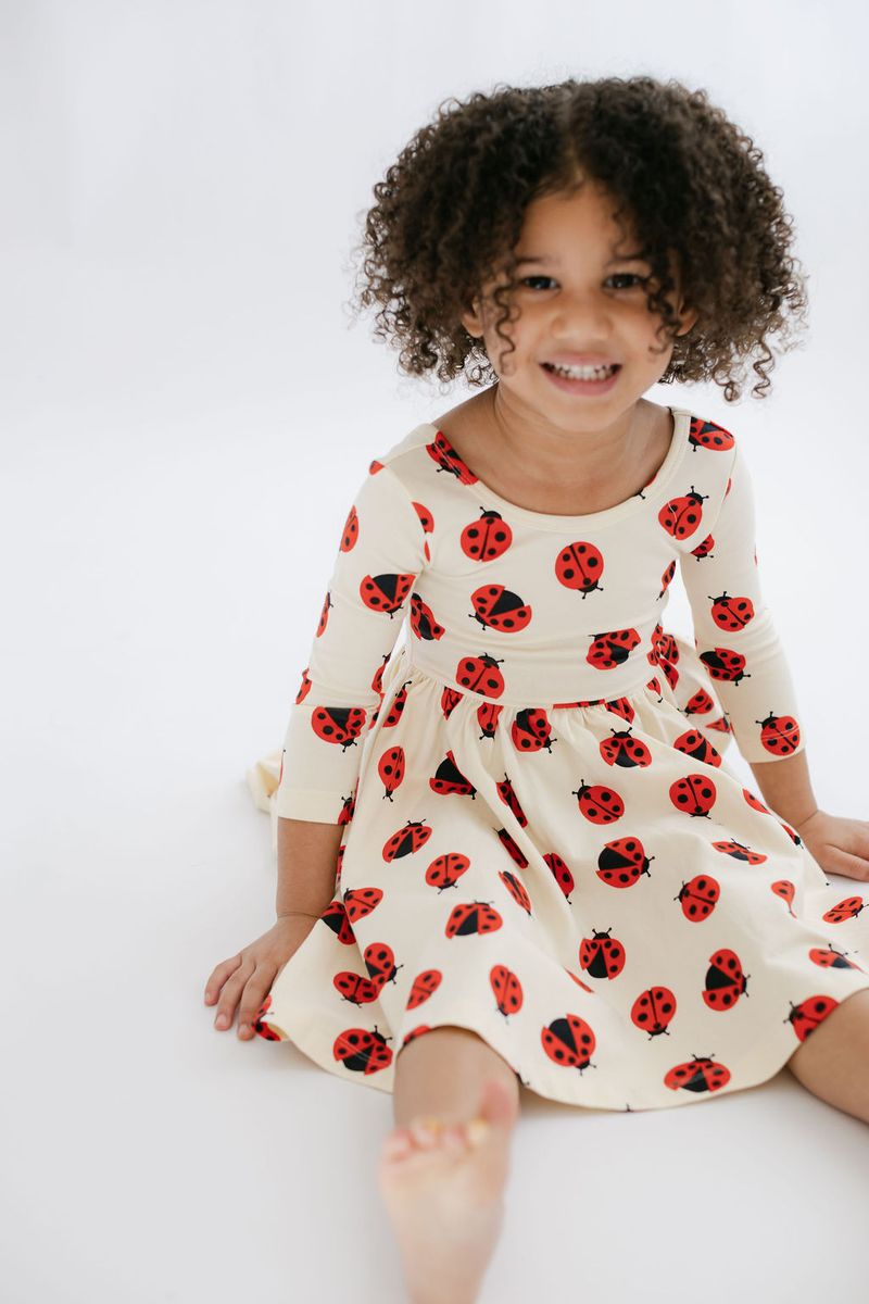 3/4 Sleeve Twirl Dress in Ladybugs