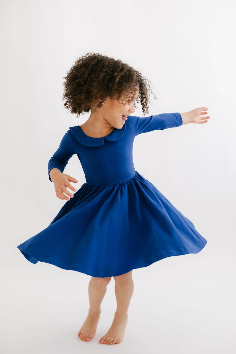 3/4 Sleeve Twirl Dress in Solid Harbor Navy Collared