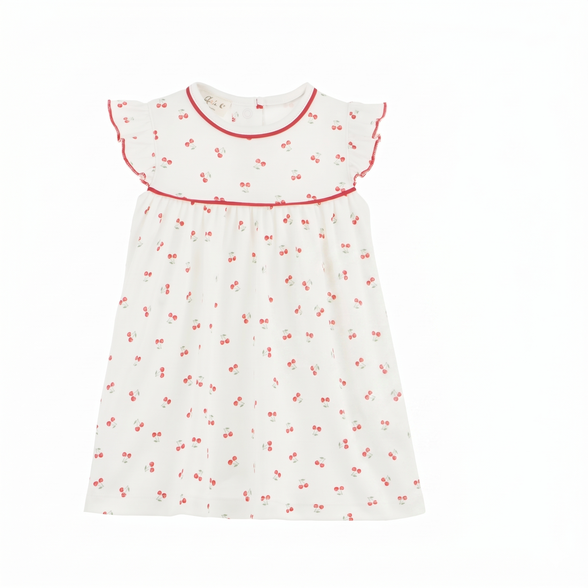 Toddler girl wearing the Cherry Grove Ivory Flutters Dress by Luna + Arlo, featuring ruffled sleeves and floral details.