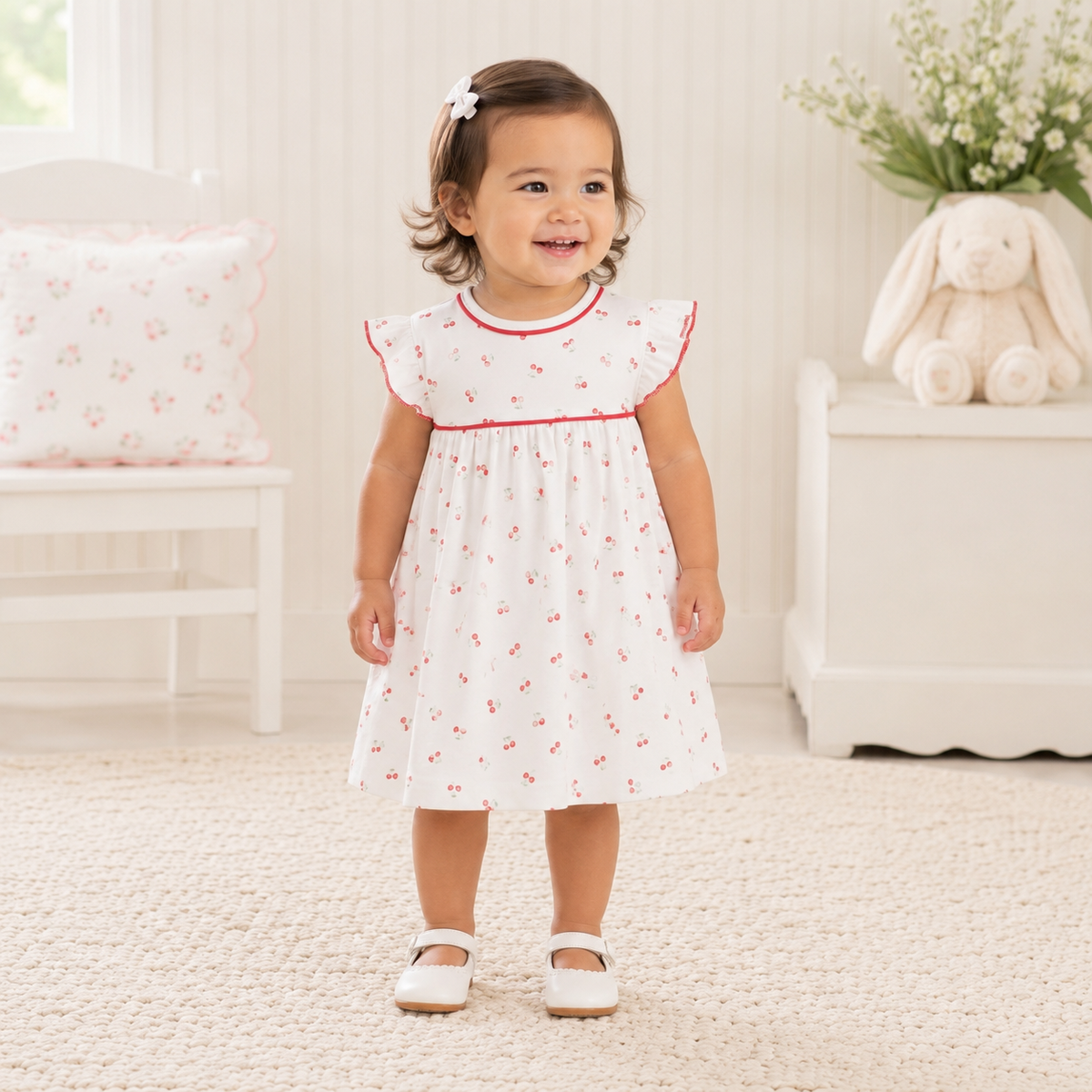 Luna + Arlo Cherry Grove Ivory Flutters Toddler Dress with ruffled sleeves and floral embroidery on soft ivory fabric.