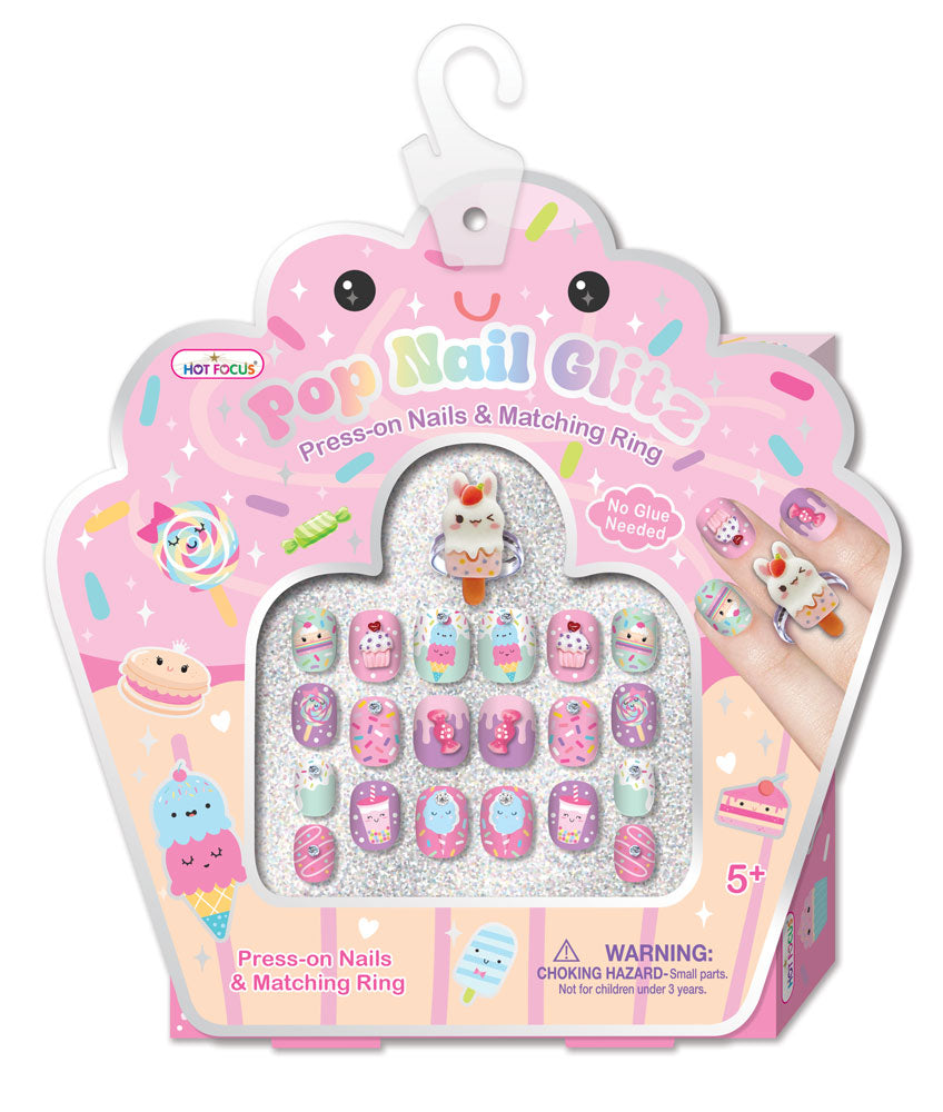 Hot Focus Sweets Pop Nail Glitz set featuring vibrant glittery nail designs in assorted colors and styles.