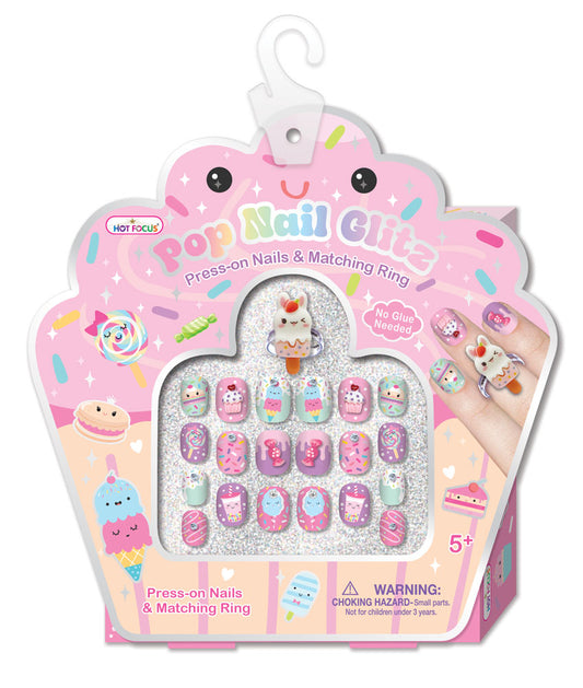 Hot Focus Sweets Pop Nail Glitz set featuring vibrant glittery nail designs in assorted colors and styles.