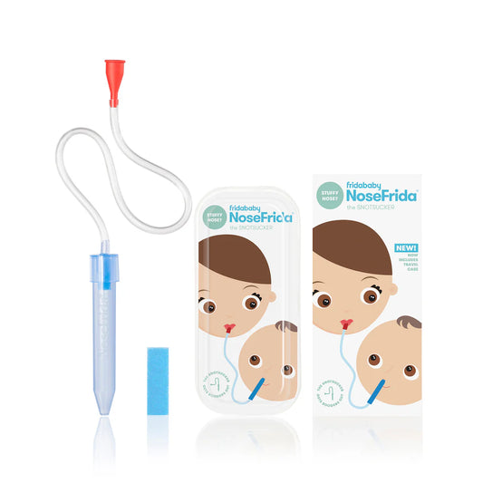 NoseFrida Snotsucker nasal aspirator with travel case by Frida, showing the device and case for easy nasal congestion relief.